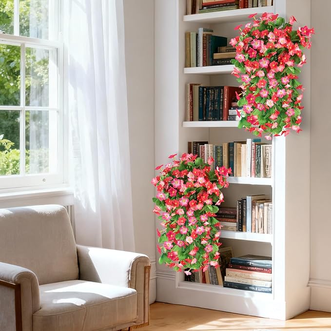 2 Pack Artificial Hanging Flowers, Fake Flowers Hanging Plant Violet Flower, Artificial Faux Silk Spring Flower for Wall Front Door Yard Garden Wedding Outdoor Decoration(Deep Pink)