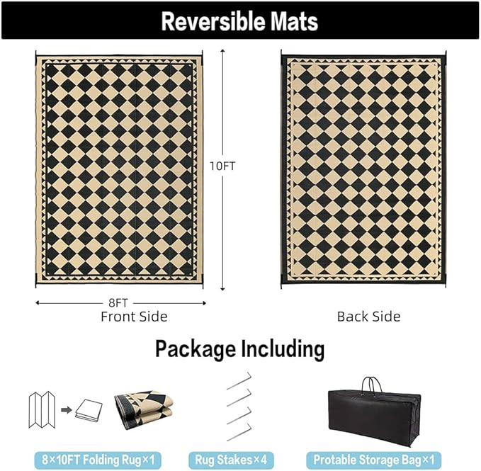 HUGEAR Outdoor Rug for Patios Clearance,Waterproof Mat,Large Outside Carpet,Reversible Plastic Straw Camping Rugs,Rv,Porch,Deck,Camper,Balcony,Backyard (8x10,Checkered/Black&Beige)