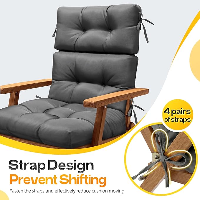 MAGIC ELEPHANT High Back Chair Cushion, Indoor Outdoor Memory Foam Chair Cushion with Ties for Adirondack and Rocking Chair, Waterproof Replacement Patio Cushion for Chair (Grey)