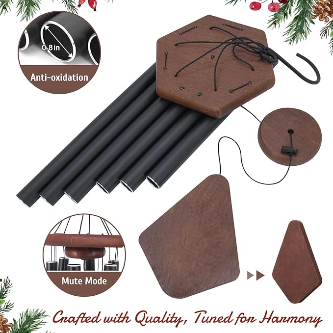 Wind Chimes for Outside, Black Aluminum Wind Chime with Wind Catcher, Garden & Patio Outdoor Decor, Deep Tone Tuned Windchimes, for Men and Women, Box Included