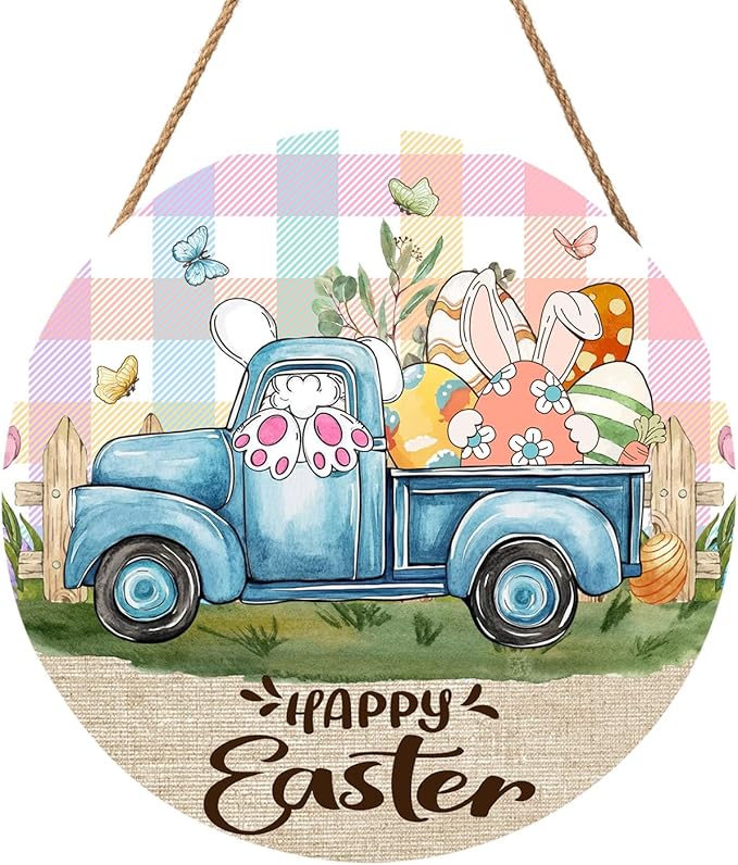 Happy Easter Blue Truck Door Sign For Front Door Decor,Bunny Rabbit Eggs Butterflies Wooden Sign 12"x 12" Round Colorful Plaid Check Hanging Door Sign Decoration for Wall Rustic Decor