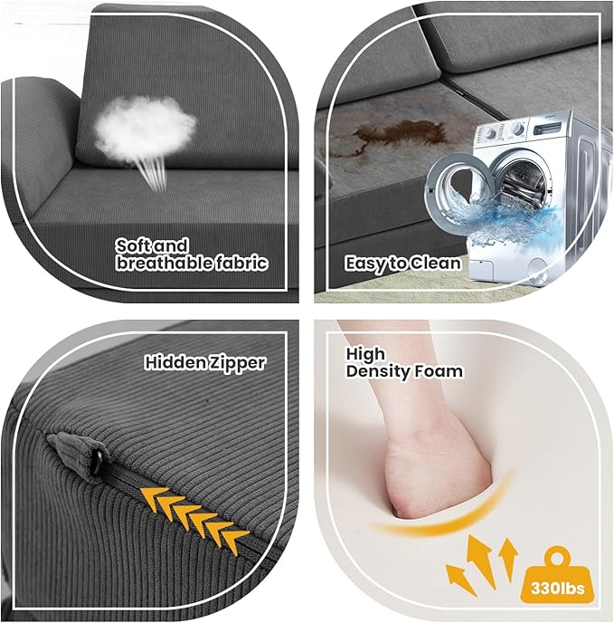 jela Kids Couch Safety Certified Play Couch Soft Kids Sofa with Machine Washable Cover Thick Foam Fort Building Set for Playroom Indoor 57x28x18 Inch (Corduroy, Darkgrey)