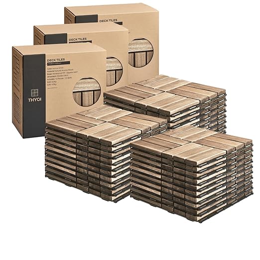 30 Pcs Deck Tiles, Patio Flooring - Outdoor Waterproof Acacia Wood Tiles for All Weather Use - Balcony, Backyard, Indoor & Outdoor (White Crossed Pattern, 30 Square Ft)