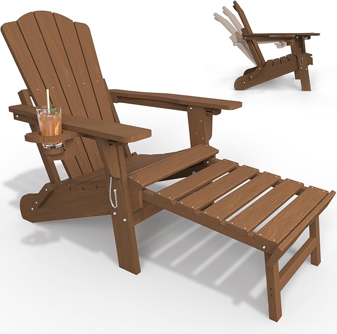 Folding Adjustable Adirondack Chairs with Ottoman & 1 Cup Holders, HDEP Multifunctional Adirondack Chair with Footrest,Wood