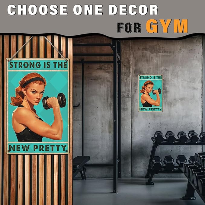 PEACHGARDEN Gym Decor Workout Room Vintage Metal Sign for Home Gym Wall Art Strong is The New Pretty Fitness Poster Motivational Workout Room 8x12inch