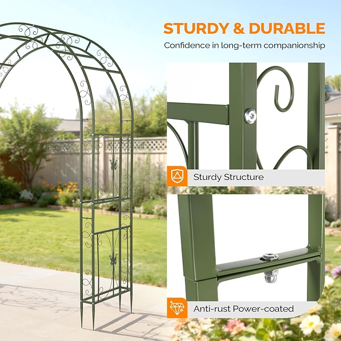 VINGLI Garden Arbor, Arch Archway for Wedding Ceremony Party, Steel Garden Trellis for Plant Climbing, Christmas Garden Decorations Pergola for Garden, Backyard, Lawn (75.5x22.8x94.5) (Olive Green)