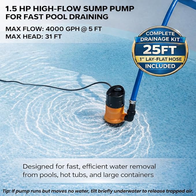 Submersible Water Pump With 25ft. Hose Kit, Sump Pump, Utility Pump with 25-Foot Power Cord, 4000GPH, Portable Water Pump for Swimming Pools, Garden Ponds, Basements, Multi-Purpose Drainage