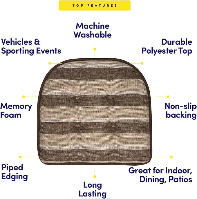 Sweet Home Collection Chair Cushion Memory Foam Pads Tufted Slip Non Skid Rubber Back U-Shaped 17" x 16" Seat Cover, 6 Count (Pack of 1), Bradford Chocolate/Beige