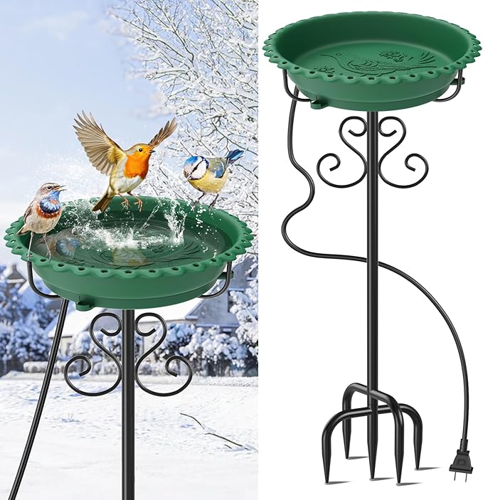 Heated Bird Baths for Outdoors,Upgraded 100W Thermostat Control Heated BirdBaths for Winter with Metal 5 Prong Base Heated Bird Bath for Outside Winter Garden Yard Patio Lawn (Green)