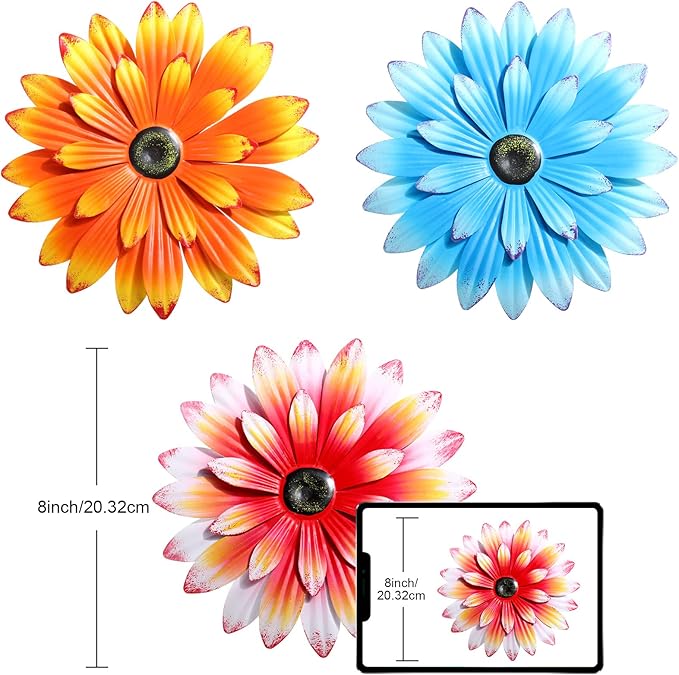 Hotop 3 Pcs Metal Flower Wall Art 3D Metal Daisy Wall Decor Multiple Layer Hanging Flower Rustic Farmhouse Boho Style Decorations for Indoor Outdoor Home Living Room Office Garden, 8 Inches(Vivid)
