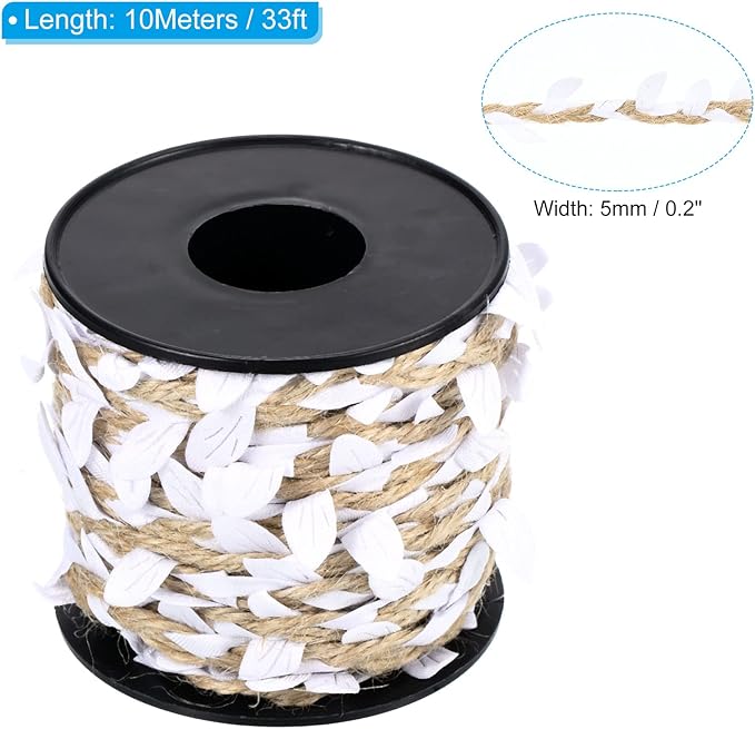 PATIKIL 33ft 5mm Burlap Leaf Ribbon, Braided Decoration Vine Natural Jute Rope Twine with Artificial Leaves for Jungle Wedding Party Home Garden Decor, White