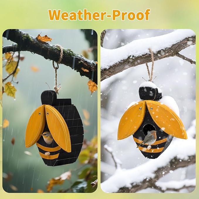 Bird Houses for Outside, Bee-Shaped Birdhouse Attracts Wild Birds (Bluebirds, Finches, Cardinals), Durable Wood Bird House with 4 cm Entrance Hole,Unique Garden Decor,Weather-Resistant