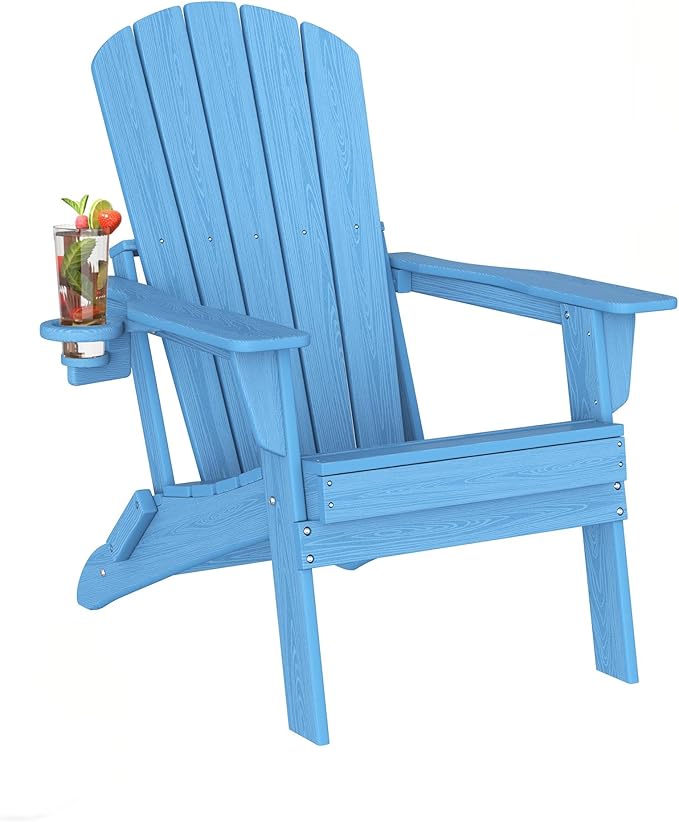 Plawdlik Folding Adirondack Chair with Cup Holder,SGS Tested,Heavy All-Weather,Wooden Textured,HDPE Outdoor Chairs for Patio Backyard Fire Pit, Light Blue