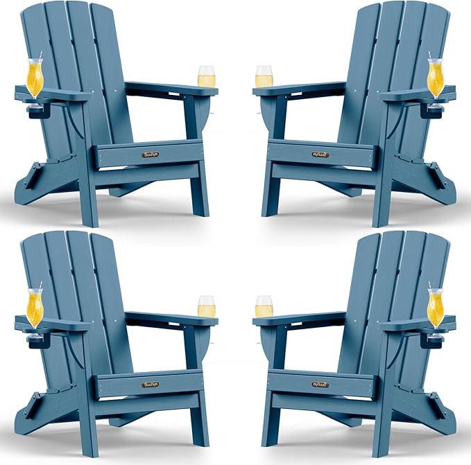 Folding Adirondack Chair 4 Pack, HDPE All-Weather Fire Pit Chairs, Plastic Adirondack Chairs with 2 Cup Holder, Outdoor Lawn Chair for Patio Garden (New Blue)