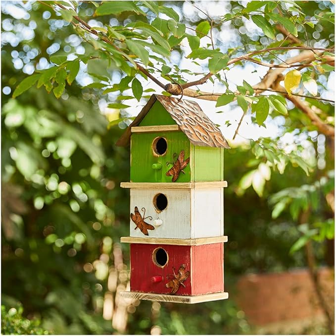 Glitzhome Bird Houses for Outside, 13.75" H Multicolored Three-Tiered Distressed Solid Wood Birdhouse Garden Hanging Bird House for Outdoors