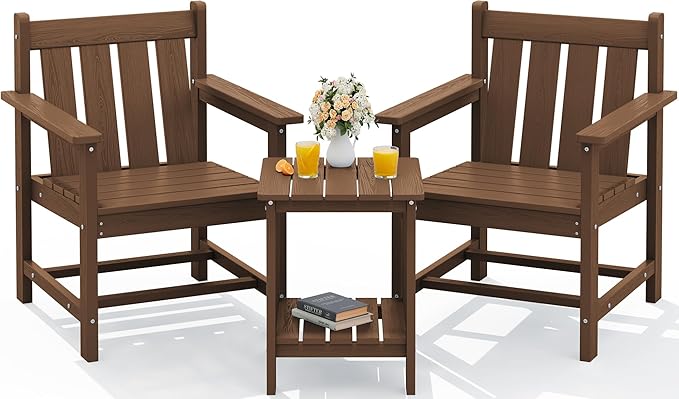 SEWRWALL Patio Furniture Set, HDPE Material All Weather Use Adirondack Chair Set with Side Table for Balcony, Porch, Garden, Backyard- Brown