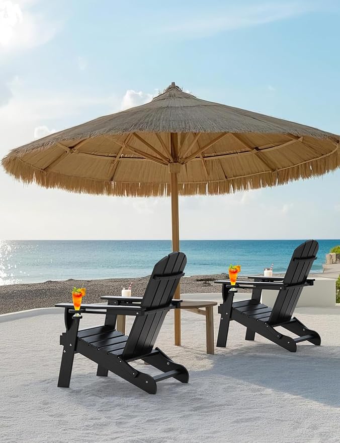 Folding Adirondack Chair Set of 2, Wooden Textured Plastic Adirondack Chairs with 2 Cup Holder, Weather Resistant HDPE Fire Pit Chair, Outdoor Patio Chairs for Garden, Backyard, Lawn, Deck, Black