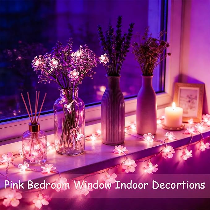 33ft 100 LED Connectable Fairy Pink Flower String Lights 8 Modes for Valentine's Day Wedding Party Christms Decor, Light Up Romantic Bedroom Window Tree Home Indoor Outdoor Hanging Decorations