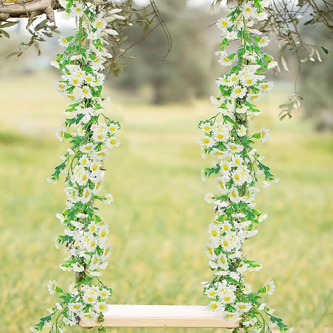 CISDUEO Artificial Daisy Flowers Vine Silk Wildflower Garland Spring Fake Flower Vine Hanging Ivy White Daisy Flowers Green Leaves for Wall Party Wedding Arch Floral Decor Home Indoor Outdoor Ceremony