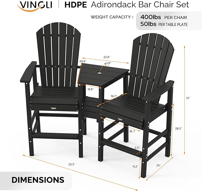 VINGLI Tall Adirondack Chairs Set of 2 with Dual Trays, All-Weather HDPE Outdoor BarStools Poly Deck Chairs for Patio, Poolside and Balcony (Black)