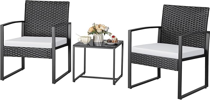 Greesum 3 Piece Wicker Conversation Bistro Sets Outdoor Patio Set Modern Rattan Chair Furniture Sets with Coffee Table for Yard Garden Porch Lawn (White)