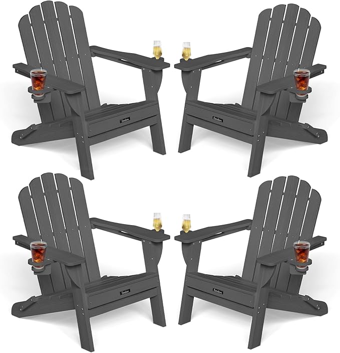 Adirondack Chairs Set of 4, HDPE Material Fire Pit Chairs, Plastic Adirondack Chairs with 2 Cup Holder, Outdoor Lawn Chair for Patio Garden, Dark Grey