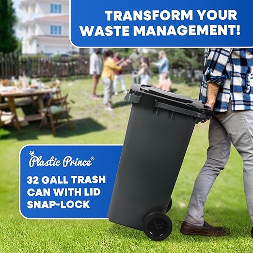 32 Gallon Trash Can with Wheels Outdoor Garbage Can with Lid and Wheels Locking Trash Can Commercial Heavy-Duty Garbage Bin Rolling, Plastic 2 Pack