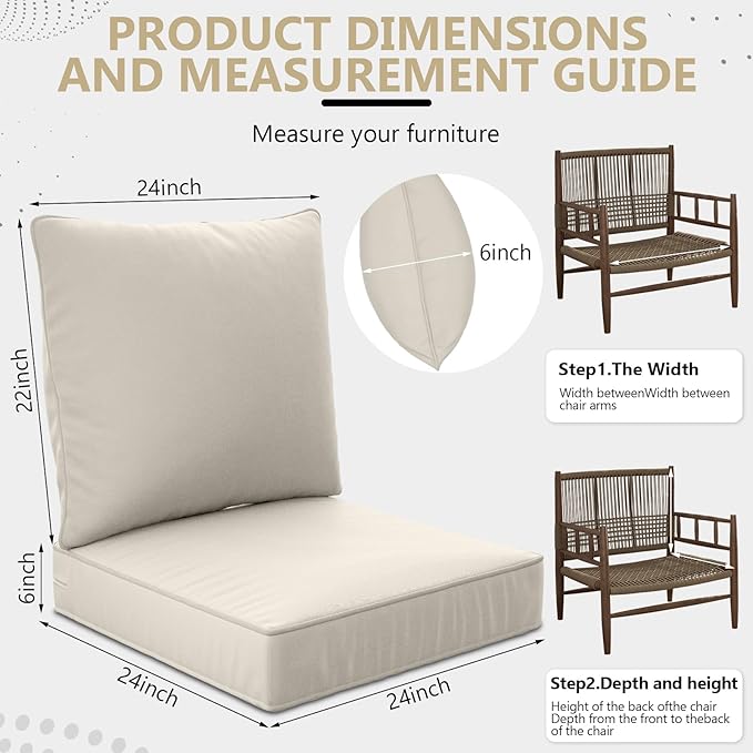 24" x 24" x 6" Outdoor Deep Seat Cushions Set - 2 Set Waterproof & Fade Resistant Patio Furniture Replacement Cushions, Non-Slip Outdoor Deep Cushions Fit Loveseats, Couches, Chairs, Sofas.