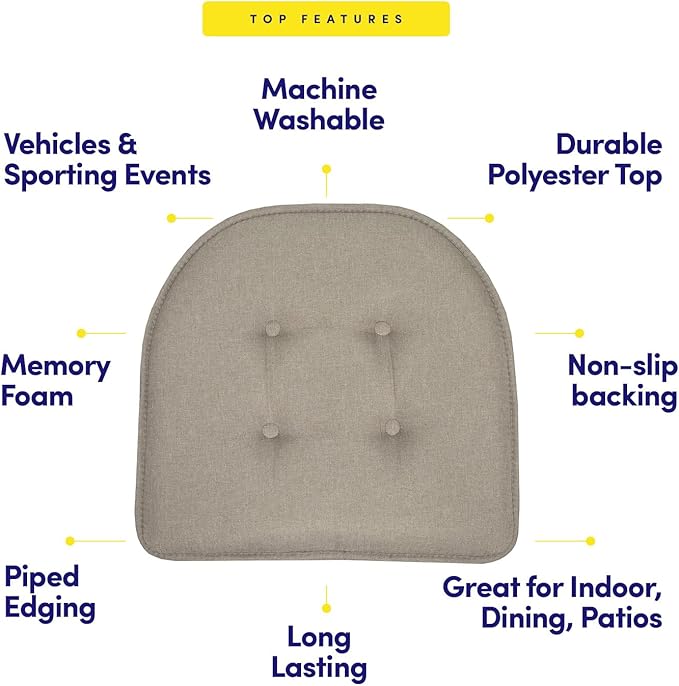 Sweet Home Collection Chair Cushion Memory Foam Pads Tufted Slip Non Skid Rubber Back U-Shaped 17" x 16" Seat Cover, 2 Count (Pack of 1), Khaki
