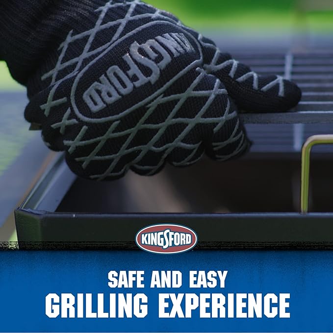 Kingsford Heat Resistant BBQ Grill Gloves, Aramid Fiber and Silicone Grip, Five Finger Gloves for Grilling, Baking, Frying, Smoker and Fire Pit Outdoor Use, One Size - 2 Count