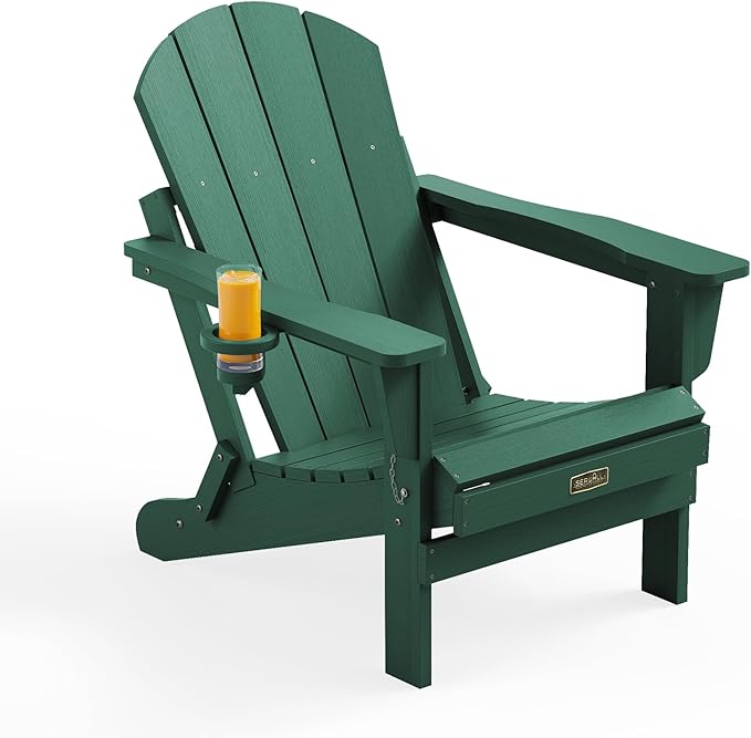 SERWALL Folding Adirondack Chair Outdoor Adirondack Chairs with Cup Holder Weather Resistant Patio Chair Weather Resistant for Patio Deck Garden, Backyard Deck, Fire Pit - Green