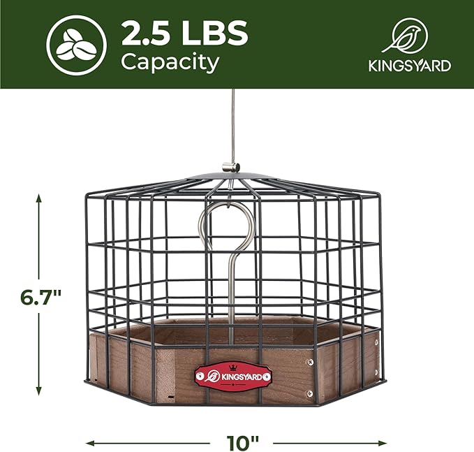 Kingsyard Squirrel Proof Platform Bird Feeders for Outdoor Hanging, 10" Wide Metal Caged Bird Feeder for Small Wildbirds Finches, Recycled Plastic Feeding Platform with Metal Seed Tray, Brown