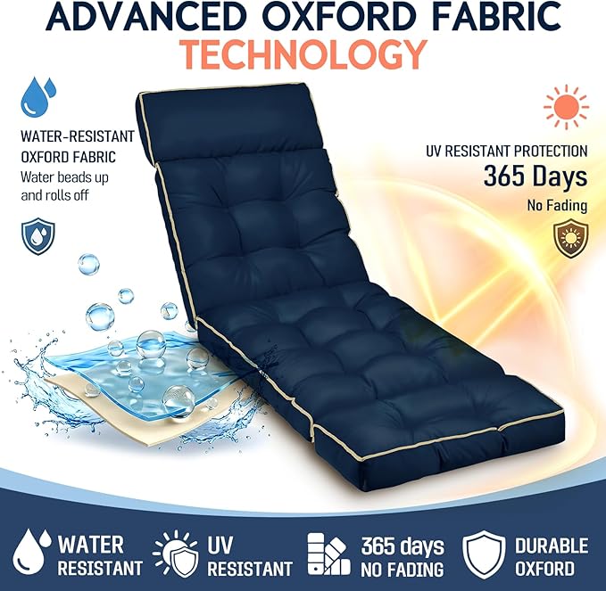 MAGIC ELEPHANT Chaise Lounge Cushion Outdoor, Memory Foam Replacement Patio Pool Lounge Chair Cushion with Ties for Outdoor Furniture, 74 x 22 x 4 Inch (Oxford Blue)