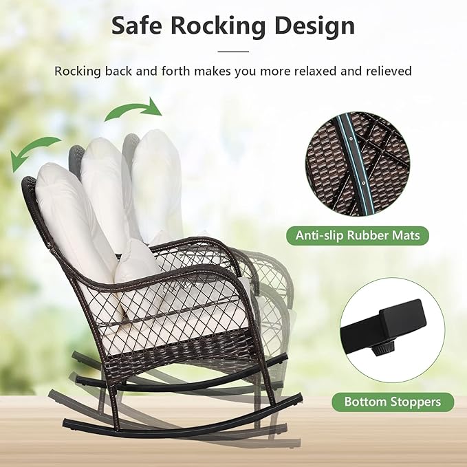 MEDIMALL Outdoor Wicker Rocking Chair, Patio Rattan Rocker w/Lumbar Pillow, Padded Seat & Back Cushions, Metal Frame, Mix Brown Wicker Furniture for Balcony, Porch, Deck, Backyard (Off White)