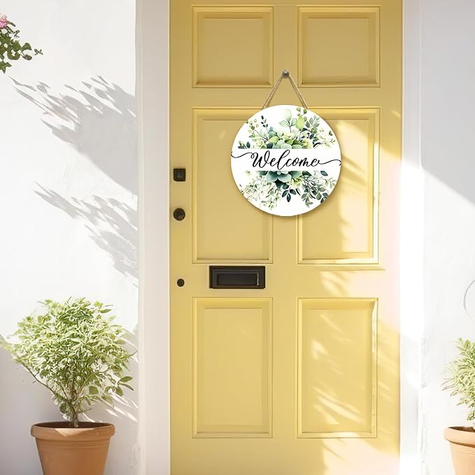 Spring Summer Welcome Door Sign Green Eucalyptus Leaf Wooden Door Hanger Floral Leaves Front Door Hanging Sign for Outdoor Home Farmhouse Porch Sign Decor