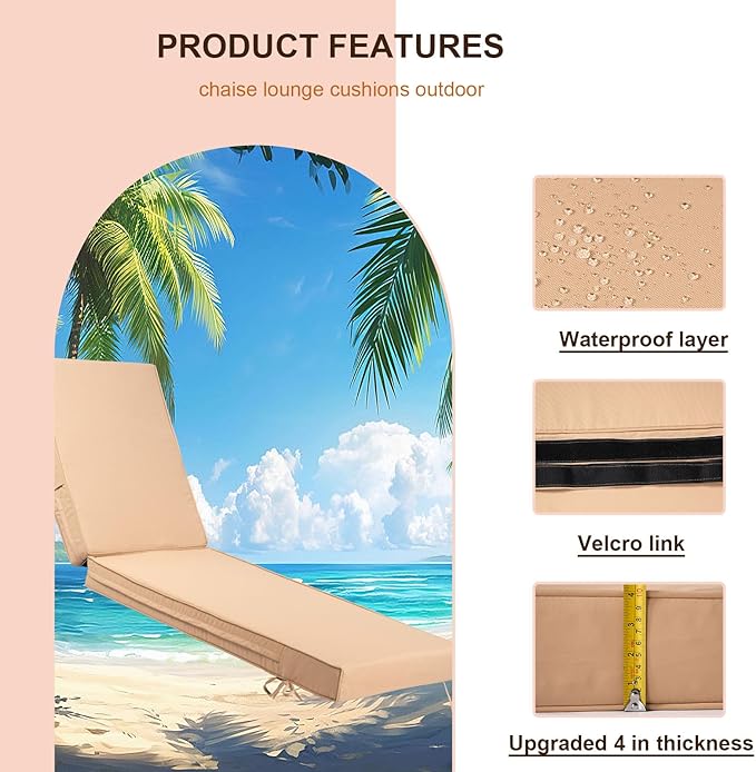 Chaise Lounge Cushions Outdoor Set of 2, Waterproof & Fade Resistant Patio Lounger Cushions, Replacement Sun Lounger Pads with Removable Cover for Pool, Deck, Lawn Furniture