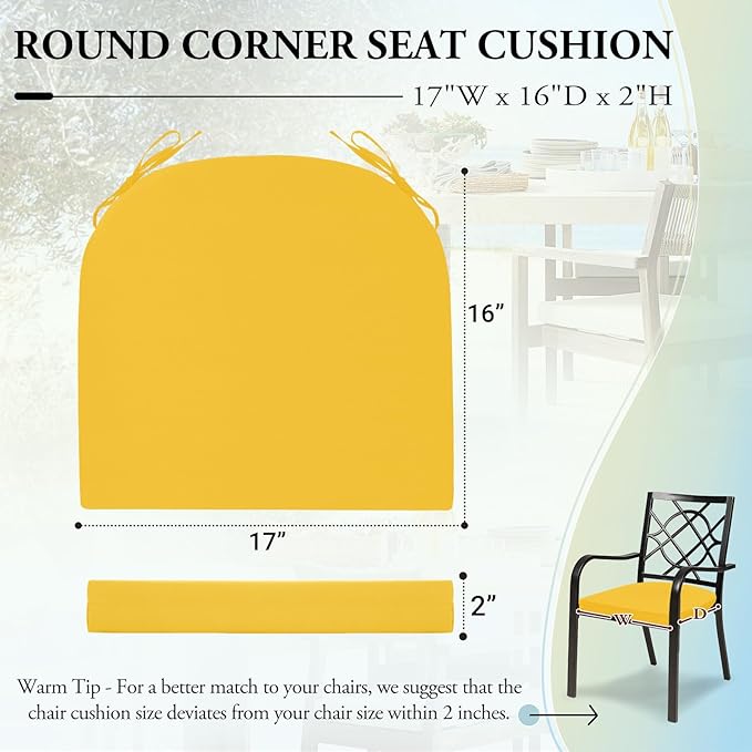 Wellsin Outdoor Chair Cushions for Patio Furniture - Patio Chair Cushions Set of 4 - Water Resistant Round Corner Outdoor Seat Cushions 17"X16"X2", Yellow