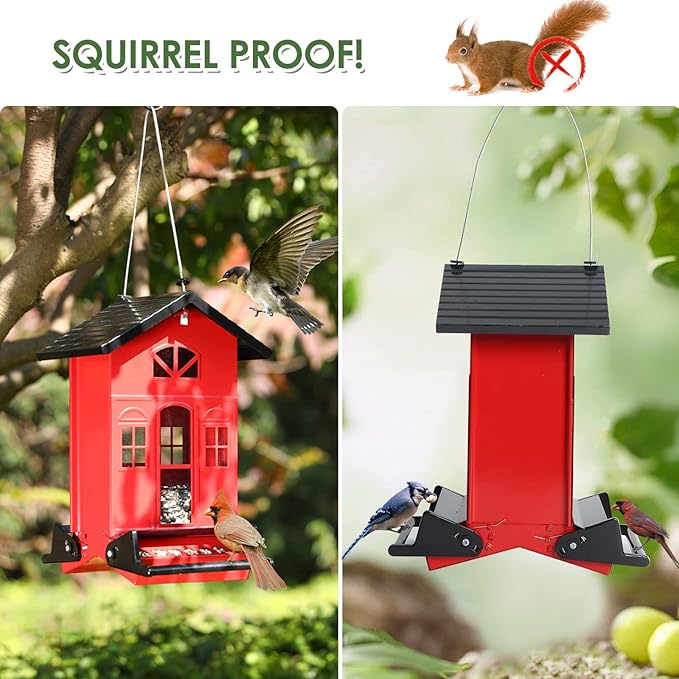Birdkiss Bird Feeder Squirrel-Proof Outside: Country House Series for Hanging - Metal - 5LBs Seed - Weight-Activated for Outdoors - Large Capacity and Red