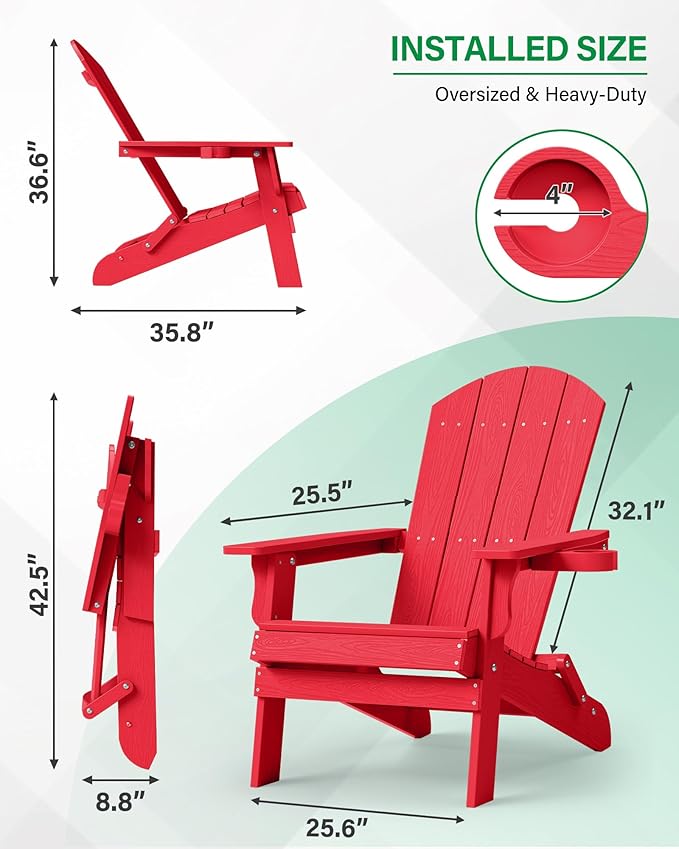 YEFU Adirondack Chair, Oversized Plastic Adirondack Chairs Folding Outdoor Chairs with Cup Holder, Lawn Chair with Weather Resistant for Outside Deck Lawn Garden, Weight Capacity Up to 400 Lbs(Red)