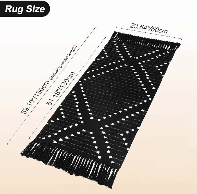 LIVEBOX Boho Kitchen Rug 2' x 4.3' Washable Bathroom Runner with Tassel, Moroccan Black Area Rugs Small Woven Cotton Throw Rug for Entryway Laundry Room Hallway