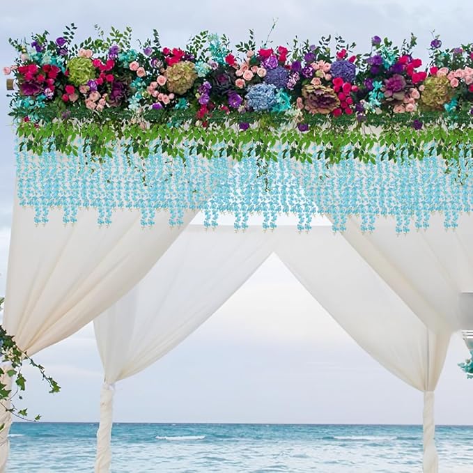 Artificial Wisteria Hanging Flowers-Fake Wisteria Flower Garland Silk Vines Rattan Decor for Home Wedding Arch Wall Garden Greenery Bedroom Outdoor Office Party Decoration(24, Blue)