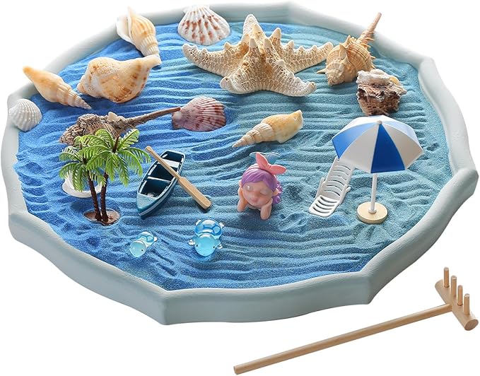 Desktop Zen Garden Kit -Ocean Themed Zen Decor Sand,Natural Shells Starfish Conch, Mermaid Resin Summer Beach Desktop Decorations,Zen Office Desktop Decoration Gift(Blue)