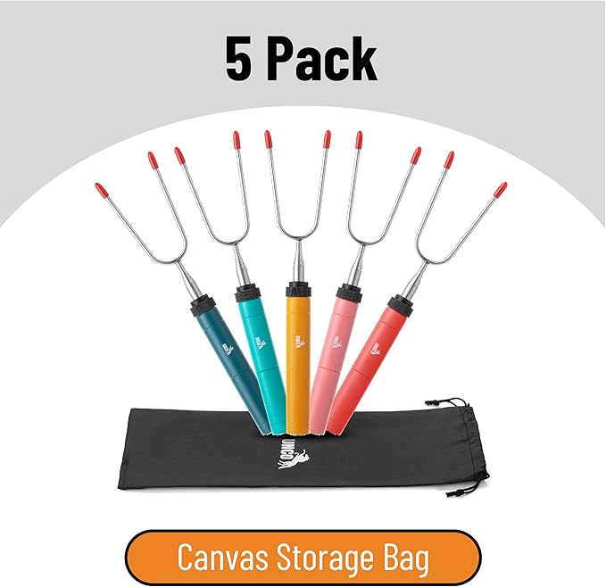 UNCO- Marshmallow Sticks for Fire Pit, 5 pcs, 34", Colorful Rotational Handles, Extendable Stainless Steel Marshmallow Roasting Sticks with Canvas Storage Bag, Skewers for Smores Skewers