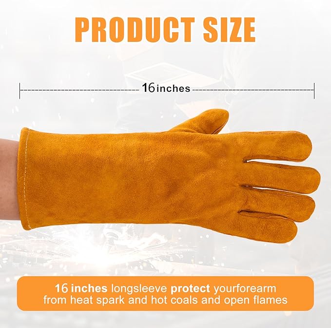 16INCH Welding Gloves 932℉ Fire & Heat Resistant - Premium Leather Forge Gloves for Welder, Blacksmith, Fireplace, Wood Stove, Fire Pit, Grilling, Furnace