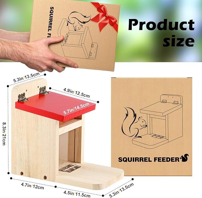 MIXXIDEA Squirrel Feeders for Outside Garden, Wooden Squirrel Feeder Box,Squirrel Feeding Stations with Green Cover, Easy to FillSquirrel Feeding House(Red-1pk)