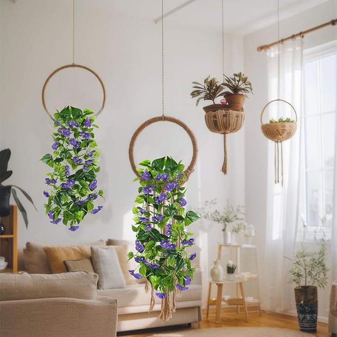 CISDUEO 2 Pcs Artificial Vines Silk Morning Glory Vines for Outdoor 15Feet Purple Hanging Plants Garland Fake Green Plant Morning Glories for Home Decor Wall Fence Stairway Wedding Hanging Baskets