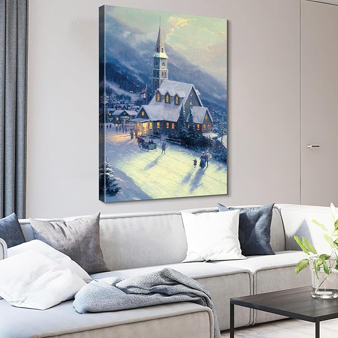 STUDIO HAVEN Thomas Kinkade Canvas Wall Art, Snow-Covered Church Winter Mountain Scene Warm Glowing Windows Oil Painting Poster Festive Wall Decor, Framed Prints for Home Decor, 16x24Inch