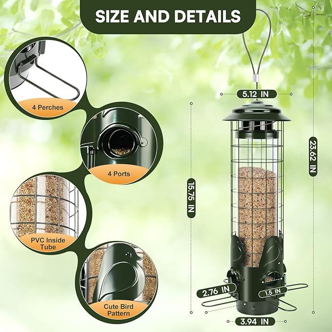 Squirrel Proof Bird Feeder for Outside Hanging, Weight Activated 3LB Large Capacity Metal Wild Bird Feeders with Removable Base, Tube Birdfeeder for Cardinal, Finch- Green