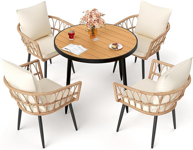 Pamapic 5-Piece Outdoor Dining Set, All-Weather PE Rattan Outdoor Furniture Set with Wood Table Top, Patio Dining Set with Cushion Chairs & Round Table for Garden, Lawn, Patio (Yellow & White)