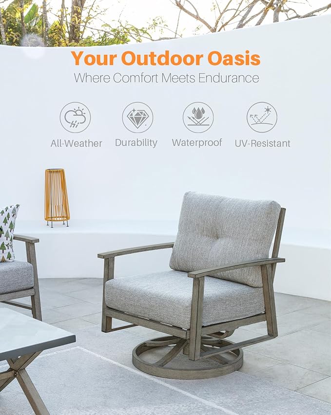 Outdoor Swivel Patio Chairs Set of 2, Outdoor Aluminum Swivel Armchair Conversation Set with Cushion, 2 Pieces All Weather Patio Furniture Sofa Chairs Set for Garden, Poolside, Lawn, Limed Oak